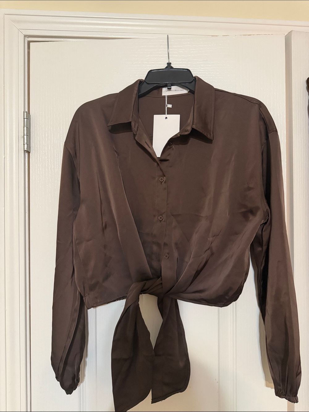 SD Collection Chocolate Brown Satin Tie-Front Button Down Top